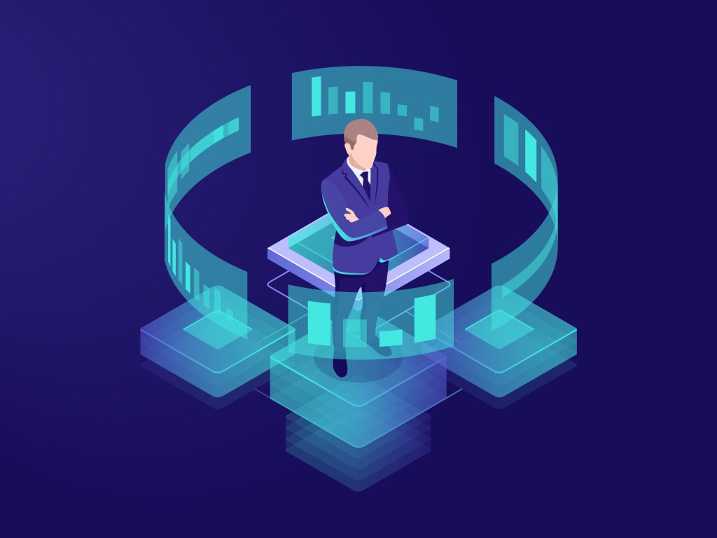 Man look graphic chart, business analytics concept, big data processing icon, virtual reality interface, server room admin administrator, isometric illustration vector neon dark